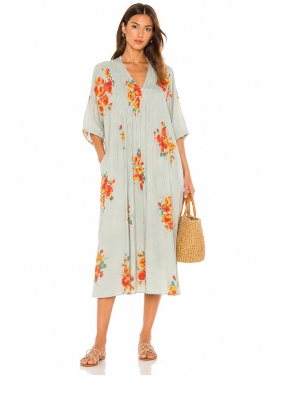 Dolma Dress Womens M Sage Floral Cotton Gauze Midi Pockets Boho Popover Lined